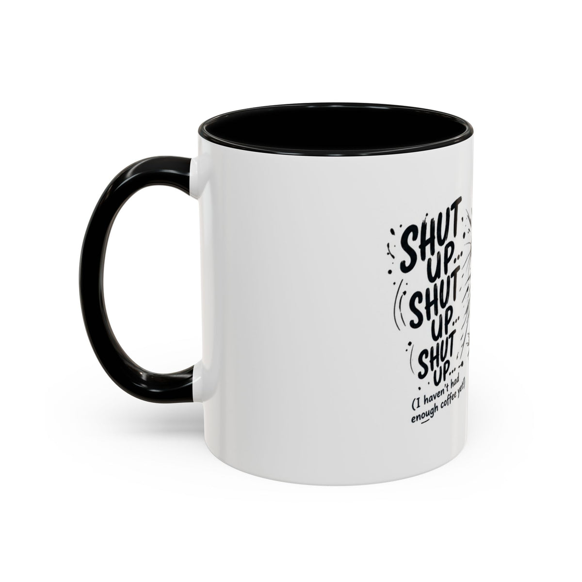 White mug with blue handle and interior, featuring text on a white background