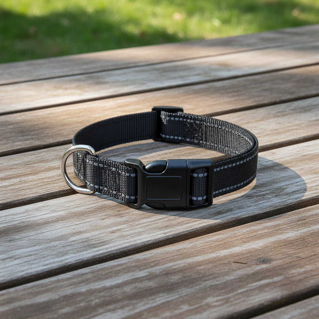Black dog collar  on a picnic table