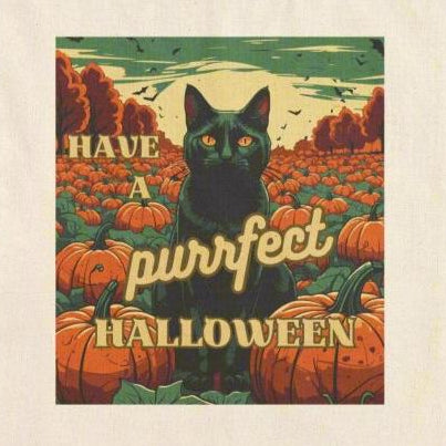A canvas tote bag with an orange, black, and green design featuring the text 'HAVE A Purrfect Halloween' and an image of a black cat among pumpkins.