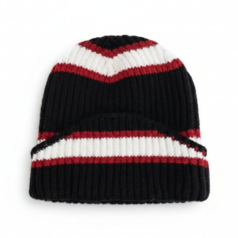 Black, white, and red striped beanie on a white background