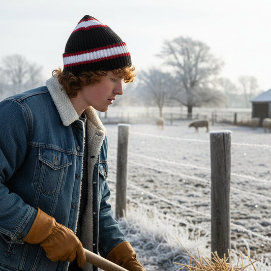 Person in a snowy field with sheep, wearing a denim jacket and striped beanie.