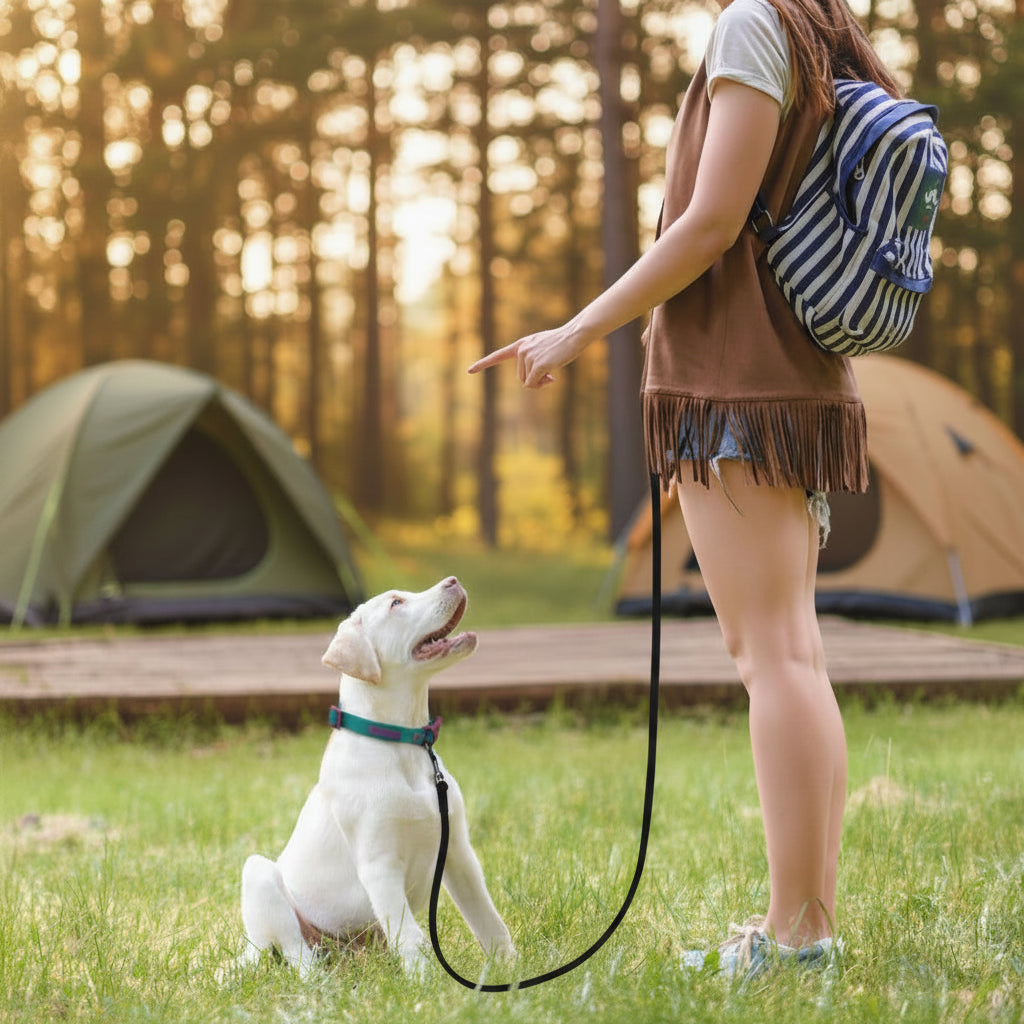 Dog wearing blue collar and black leash