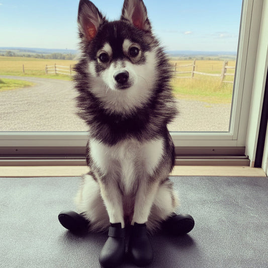 Dog wearing black silicone boots