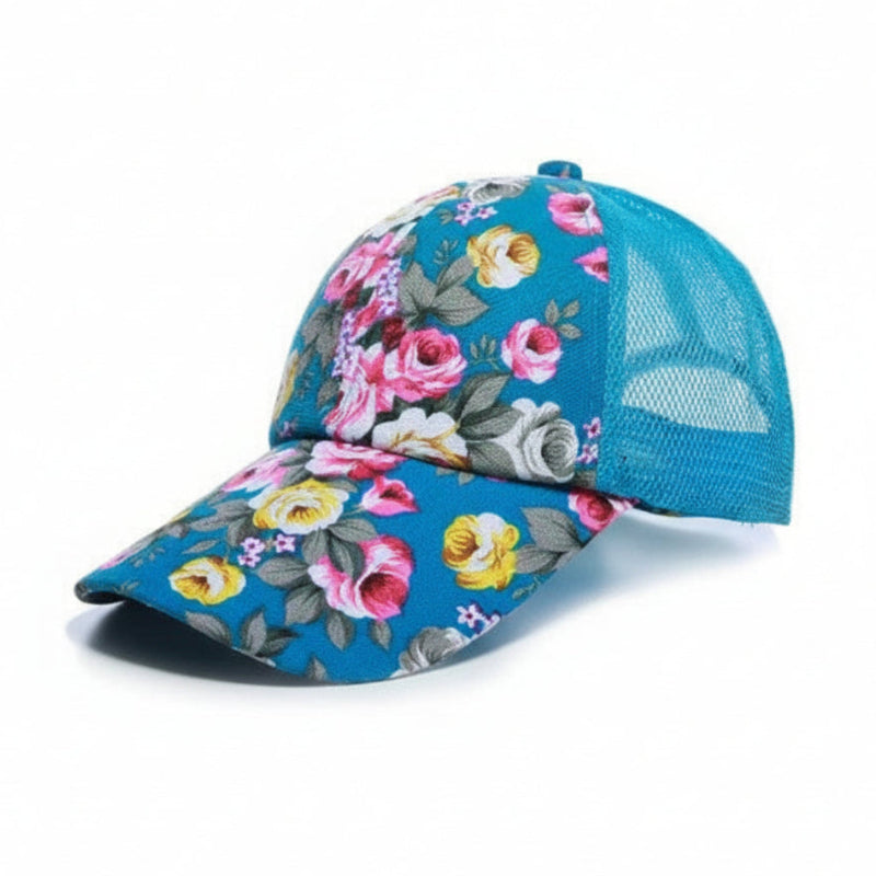 Floral-patterned baseball cap with a blue background