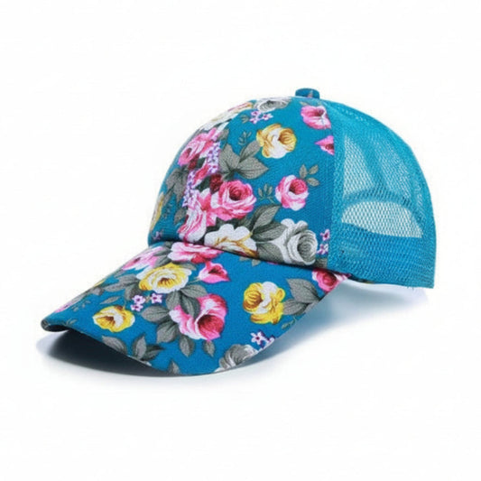 Floral-patterned baseball cap with a blue background