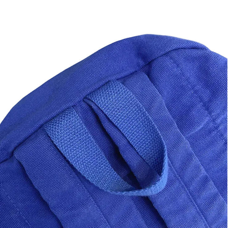 Close-up of a blue fabric bag showing the top edge and a sturdy hanging loop.