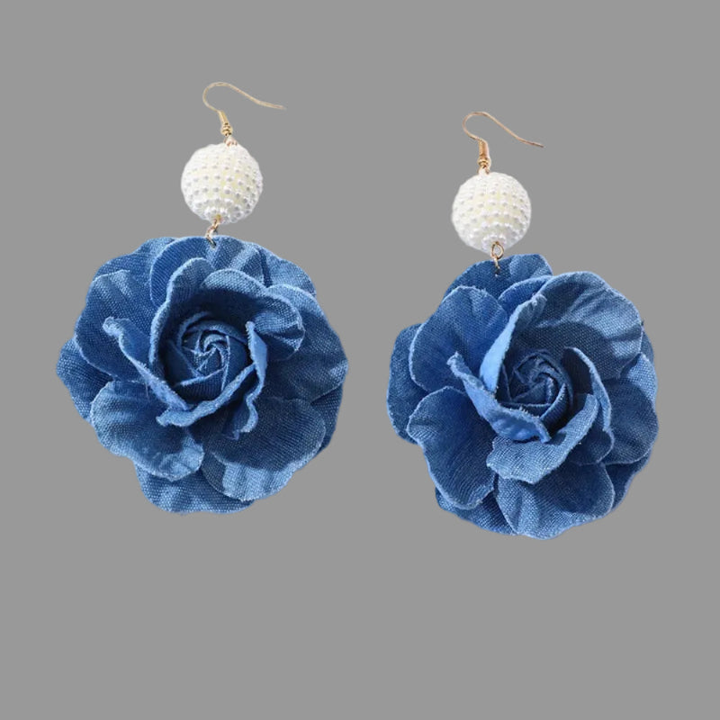 Vintage Look Denim Rose Dangle Drop Earrings – Blue Floral Design