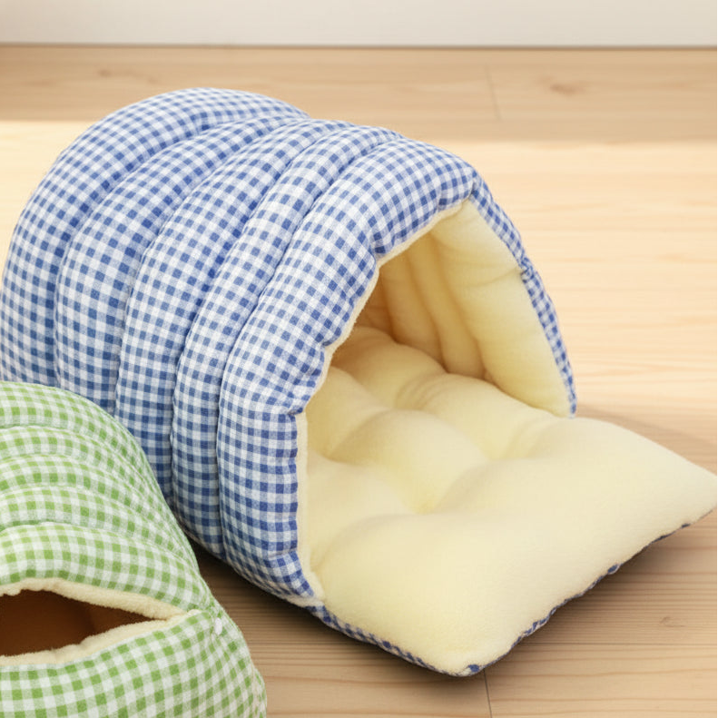 Blue gingham quilted pet cozy bed