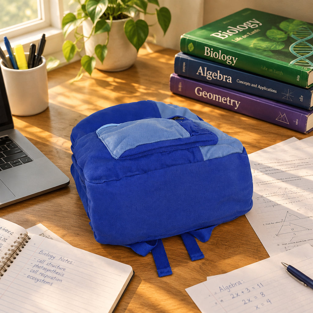 Blue backpack on a desk