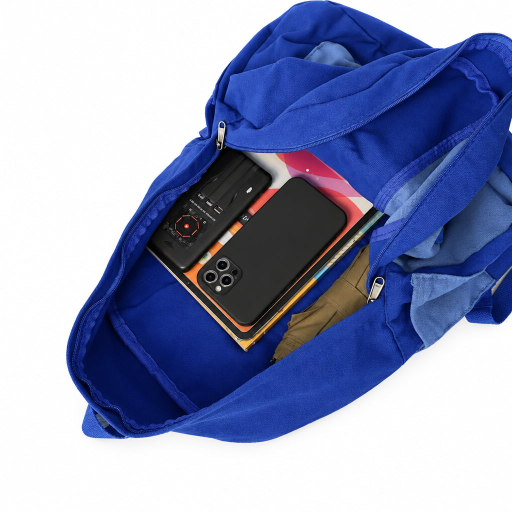 Blue backpack with a phone 