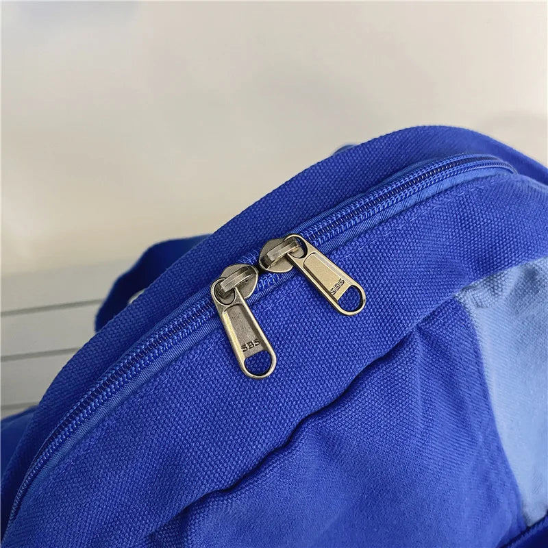Close-up of a blue bag with a zipper.