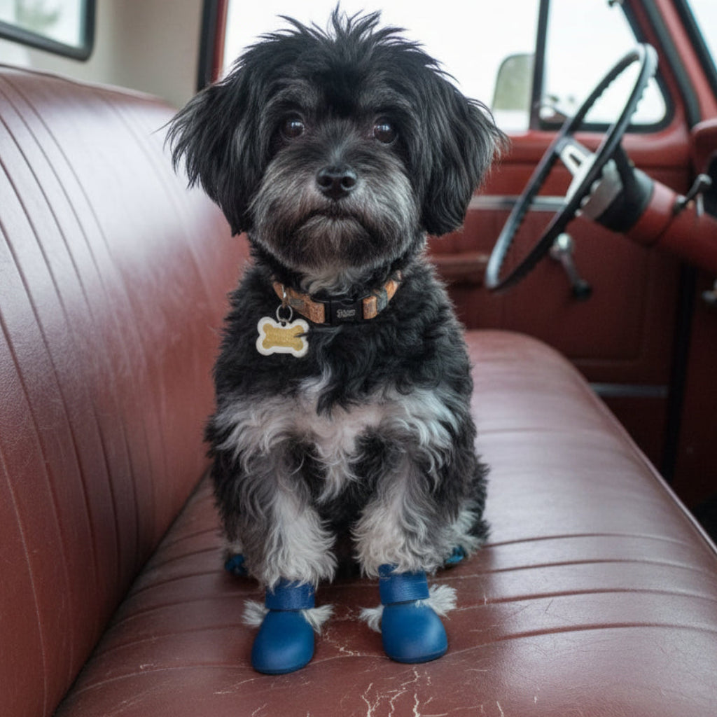 Shaggy dog in pickup truck wearing blue protective shoes