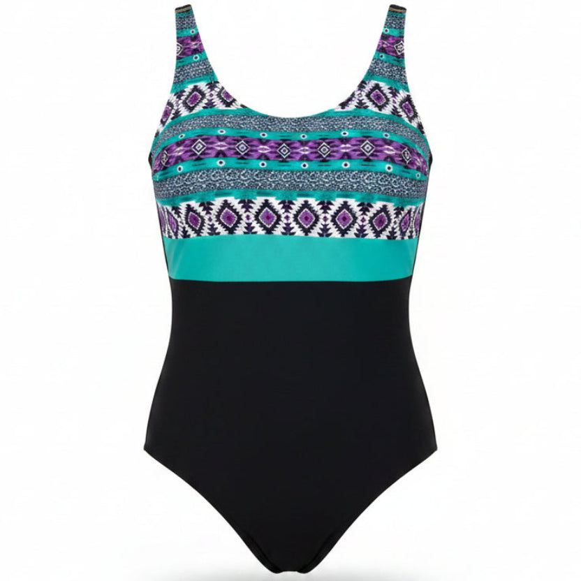 One-piece swimsuit with a colorful pattern, teal, purple, black