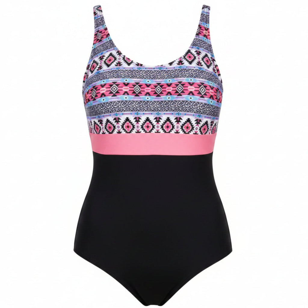 Boho-striped one-piece swimsuit, pink, black