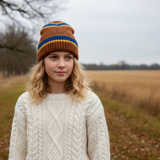 Young girl wearing a knit sweater and colorful beanie standing in a field with bare trees in the background.