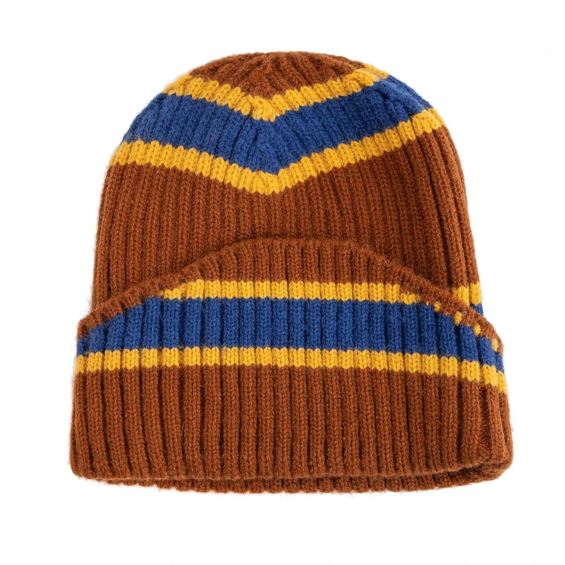 Knitted beanie with brown, blue, and yellow stripes on a white background
