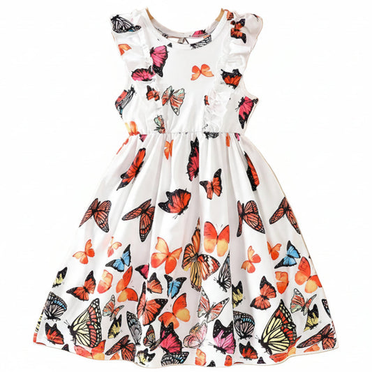 White dress with colorful butterfly pattern on a white background