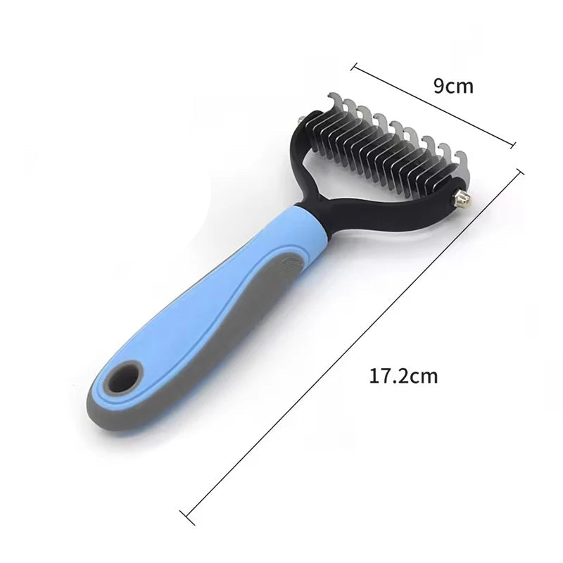 Pet grooming brush with blue handle  and dimensions shown.