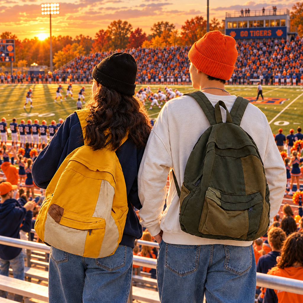 Two people wearing backpacks at a high school football game.