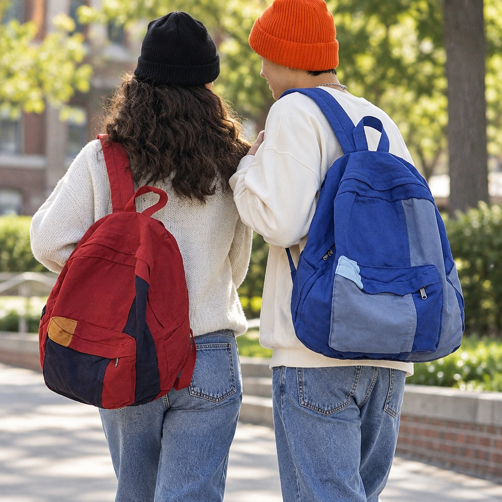Two people wearing colorful backpacks in a casual setting.