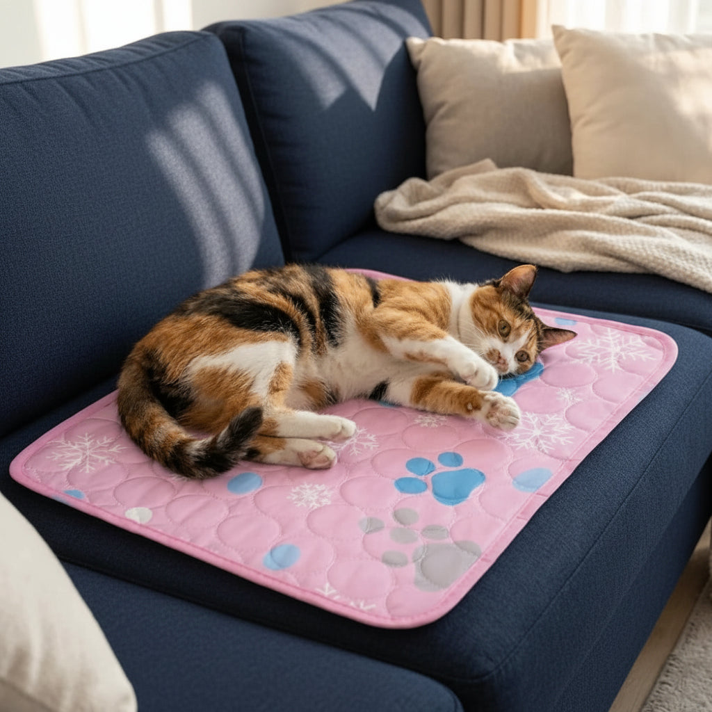 A calico cat rests on a pink quilted pet cooling mat with blue paw prints  patterns, placed on a dark grey sofa in a sunlit living room.