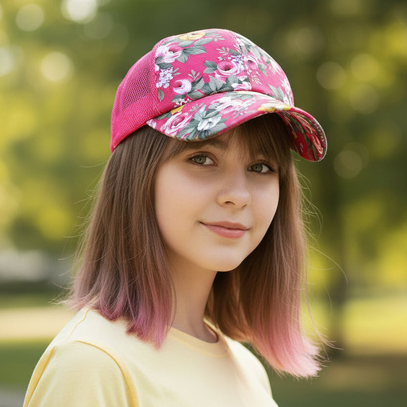 Young girl with pink-tinged hair wearing a floral cap in a park setting