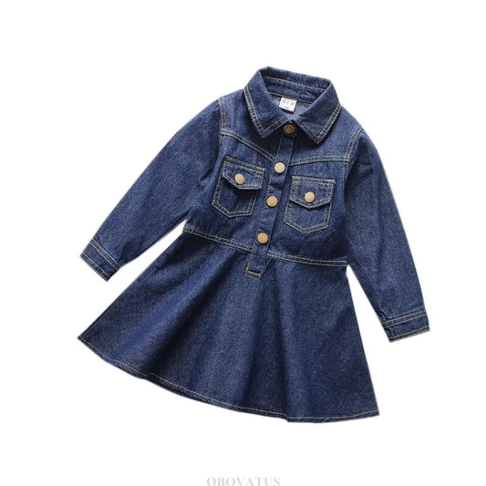 Denim dress with button details on a white background