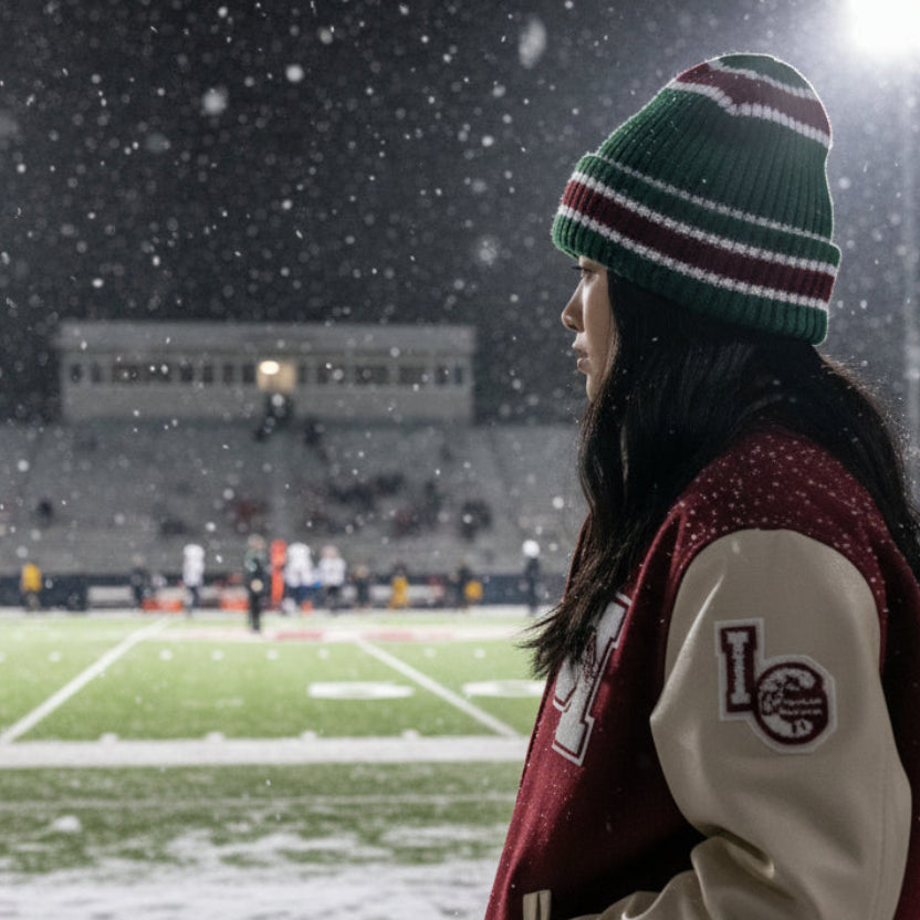 Person wearing a beanie and jacket on a snowy football field