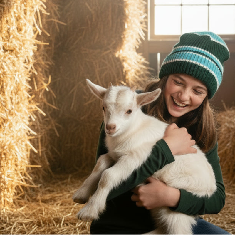 Teen girl hugging a baby goat in a barn with hay bales