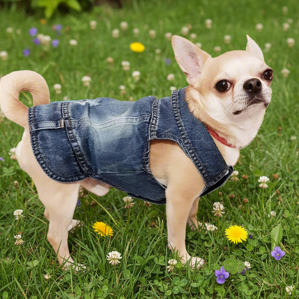 Chihuahua on spring lawn wearing denim dog vest