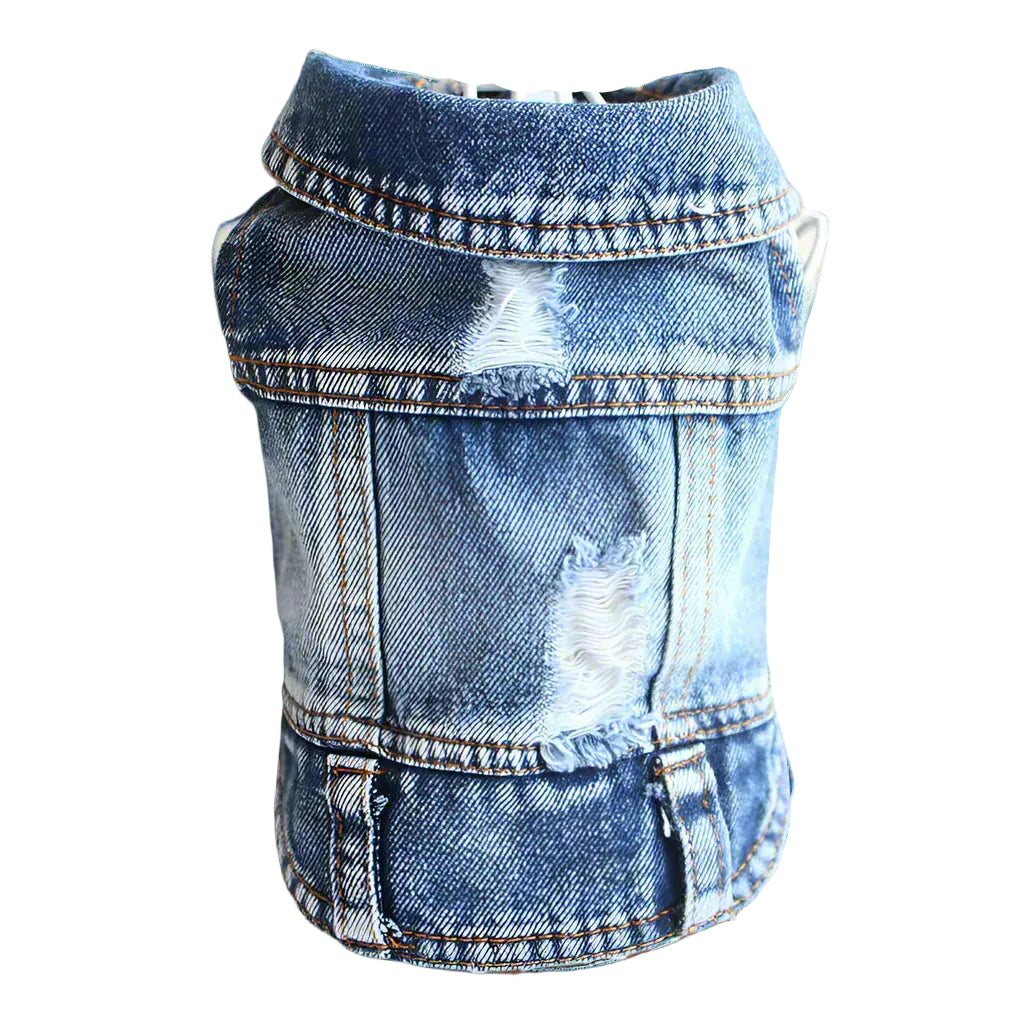 Denim dog vest on a white background