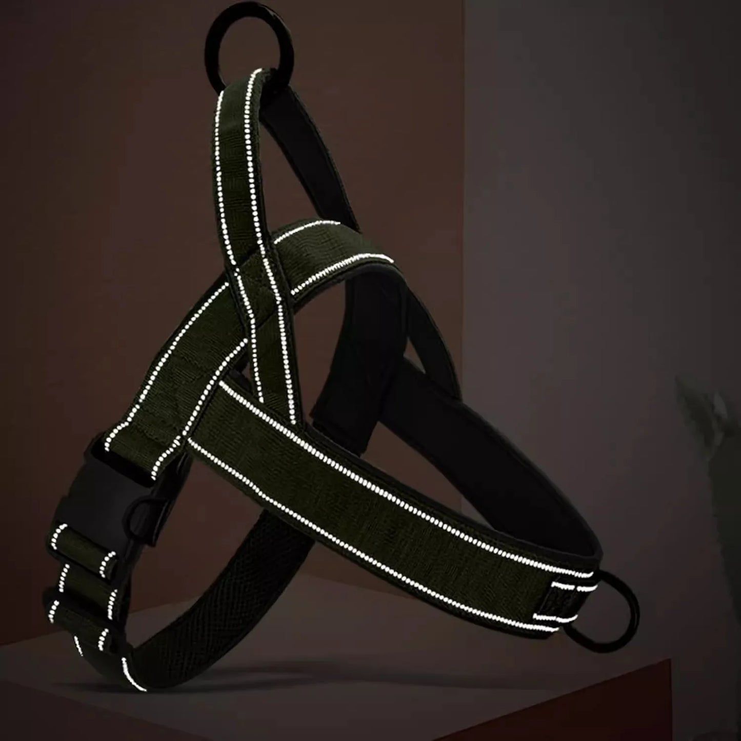 Green dog harness with reflective stripes on a dark background