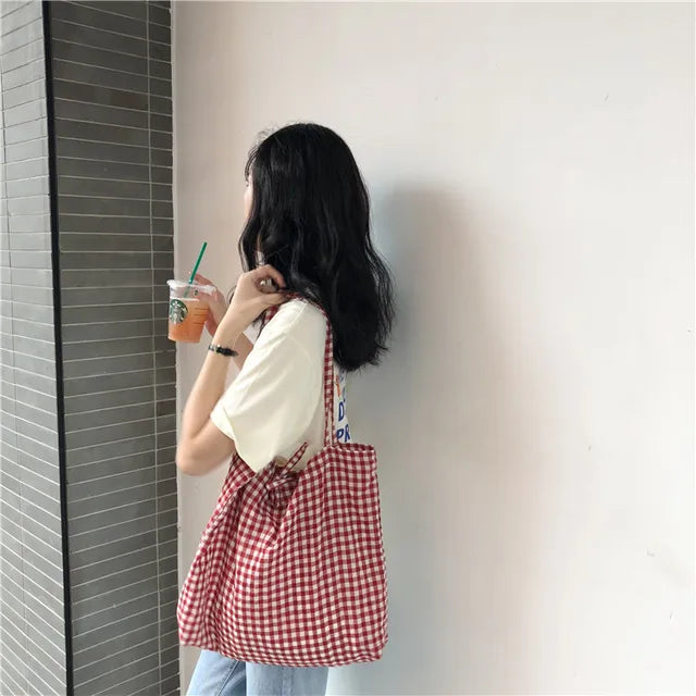 Fashion Women's Canvas Tote Shoulder Large Shopping Bag Plaid Eco Large Capacity Ladies Purse Pouch Girls Student Book Handbags