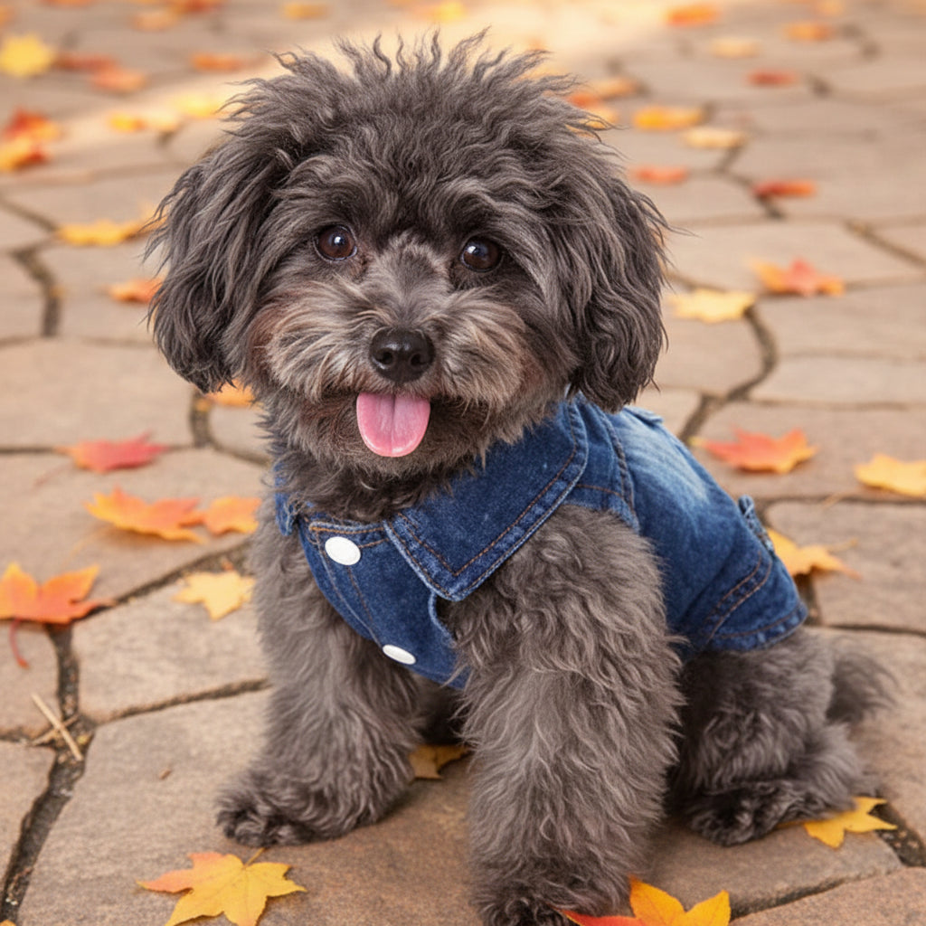 Denim vest jacket on fuzzy grey dog