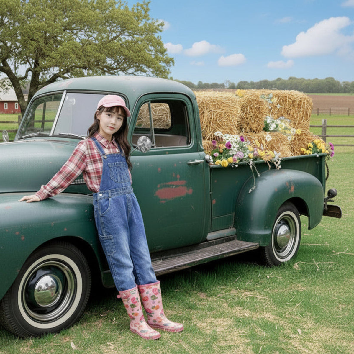 Girl in denim overalls leaning against a vintage pick-up truck on a farm.