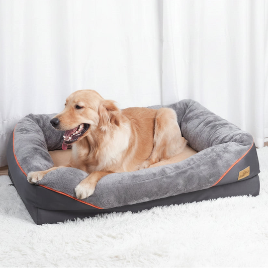 A golden retriever dog rests inside a plush gray pet bed with orange piping and a small gold brand tag, set on a white shag rug in front of white curtains.