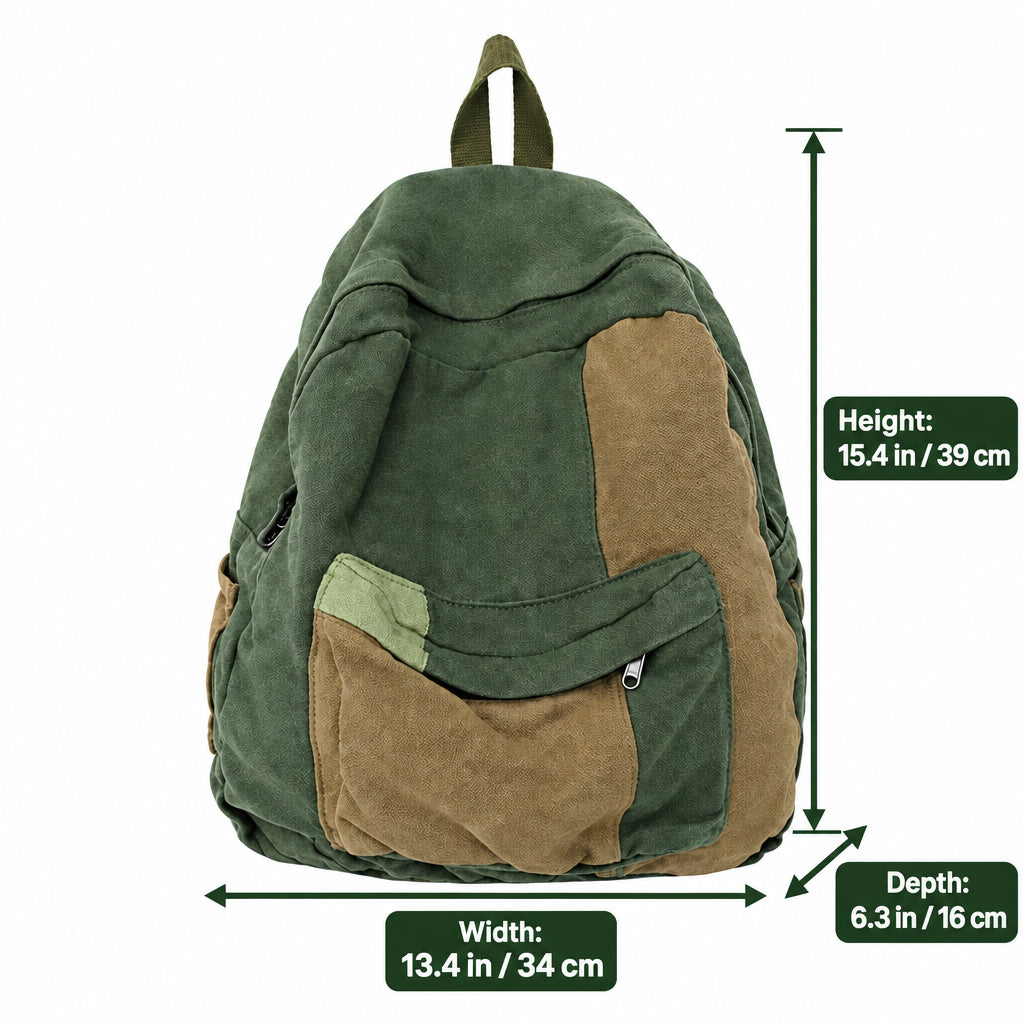 Green and brown backpack with dimensions labeled on a white background.