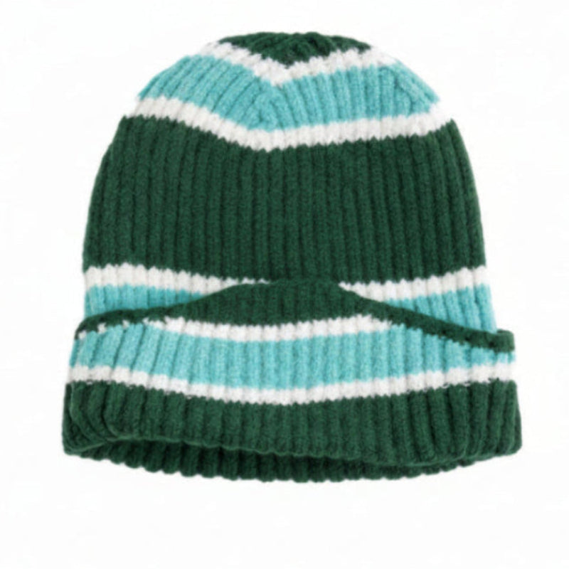 Green and blue striped beanie on a white background