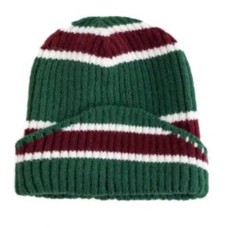 Green, red, and white striped beanie on a white background
