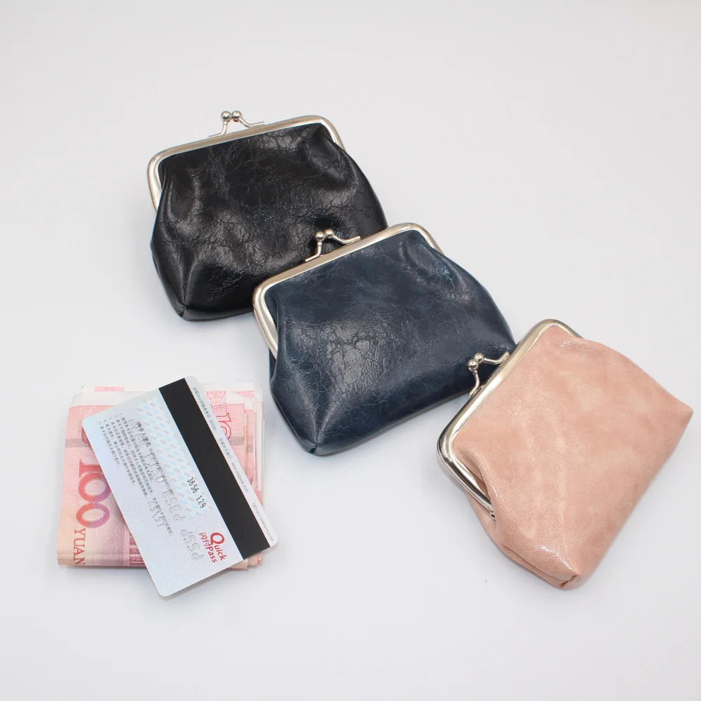 Leather Women Coin Purse Lady Leather Mini Wallet Vintage Design Oil Wax Card Holder Female Lipstick Storage Wallet Coin Purse