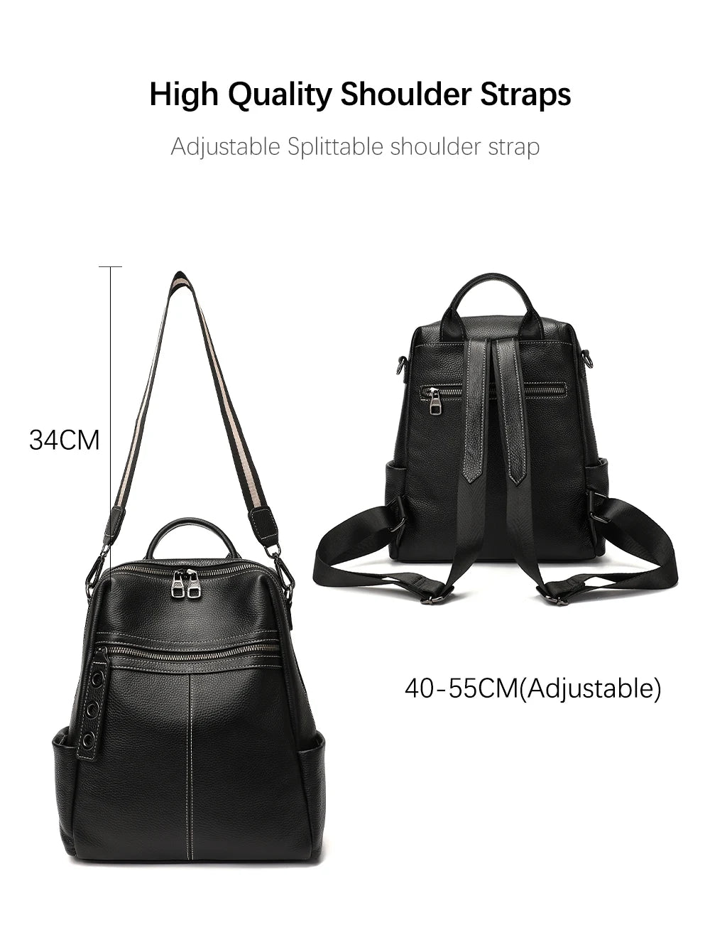 Zency 100% Genuine Leather Backpack For Women's High Quality Black Shoulder Bag Commuter Travel School Satchel Female Shopper
