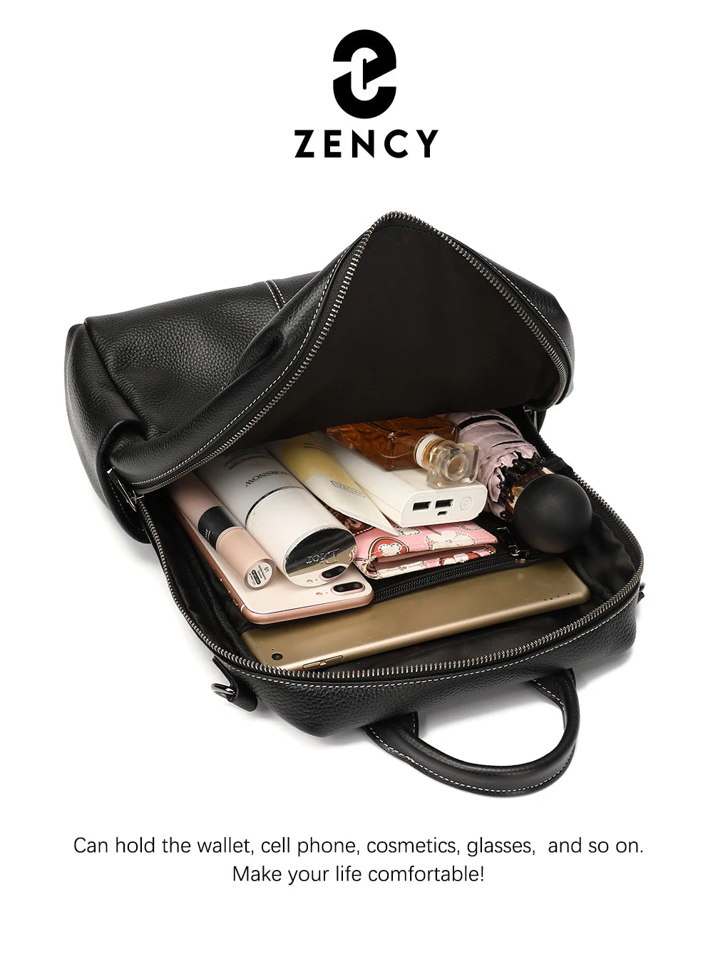 Zency 100% Genuine Leather Backpack For Women's High Quality Black Shoulder Bag Commuter Travel School Satchel Female Shopper