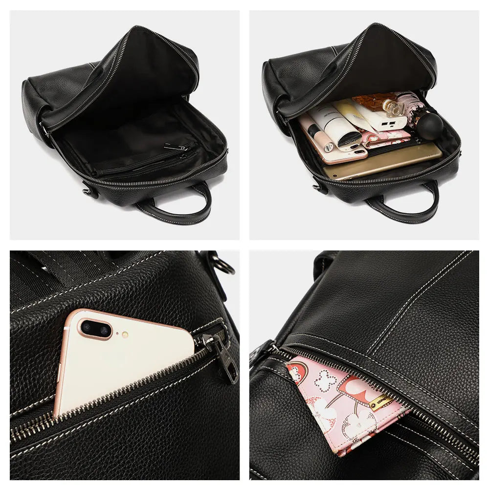 Zency 100% Genuine Leather Backpack For Women's High Quality Black Shoulder Bag Commuter Travel School Satchel Female Shopper