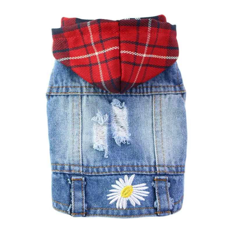 Retro Denim Hoodie Dog Jacket – Durable Four-Season Jean Vest for Small Dogs
