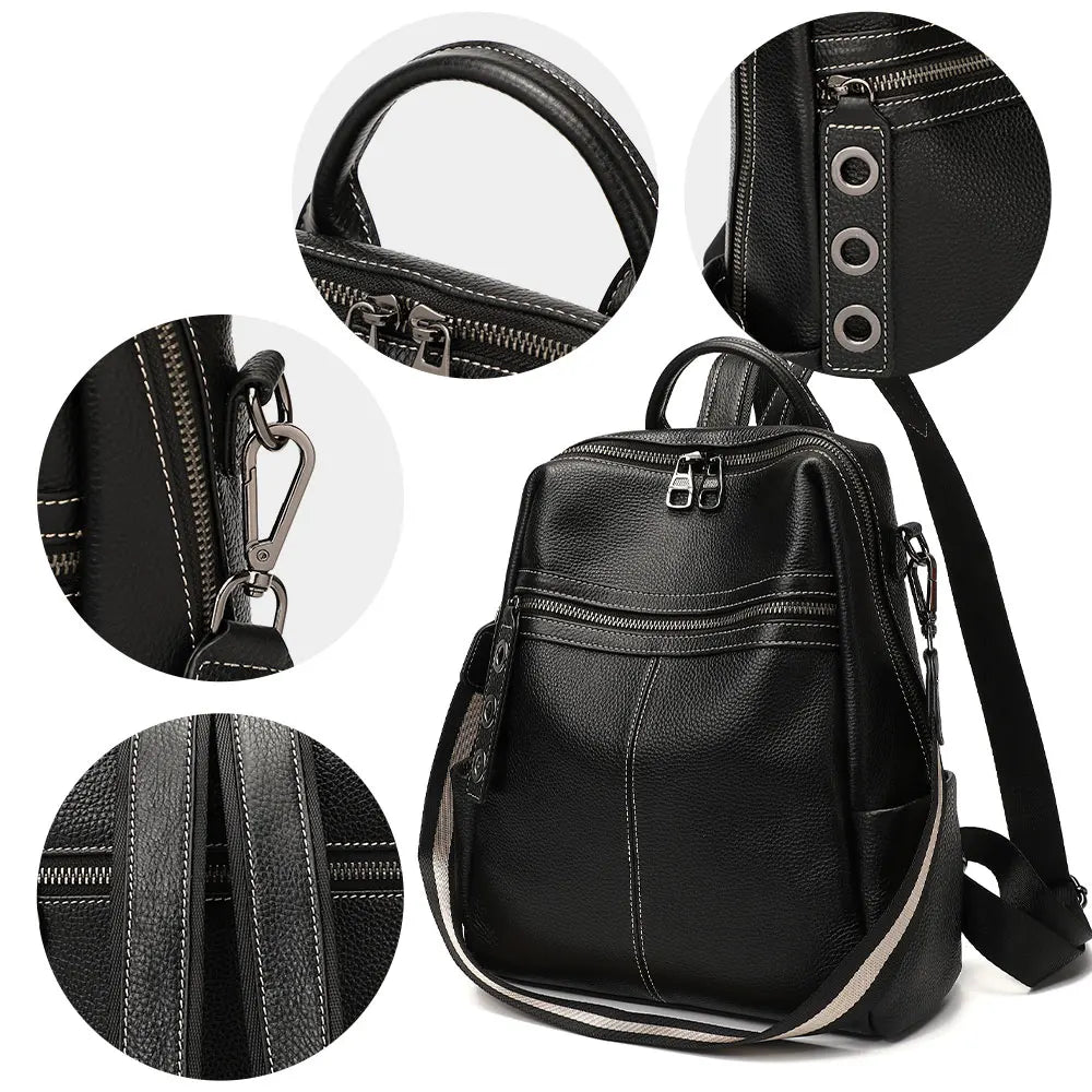 Zency 100% Genuine Leather Backpack For Women's High Quality Black Shoulder Bag Commuter Travel School Satchel Female Shopper