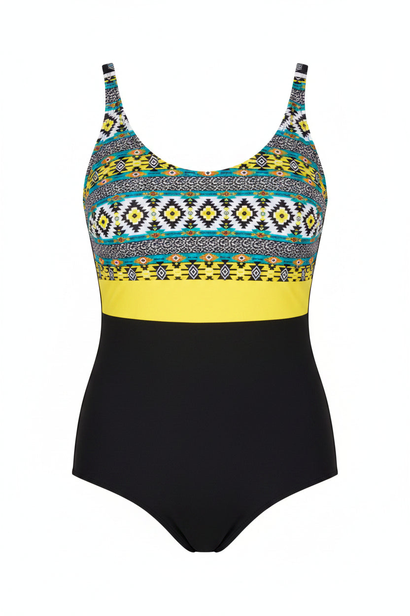 Boho Southwestern Tribal Stripe Pattern Print One-Piece Sport Swimsuit