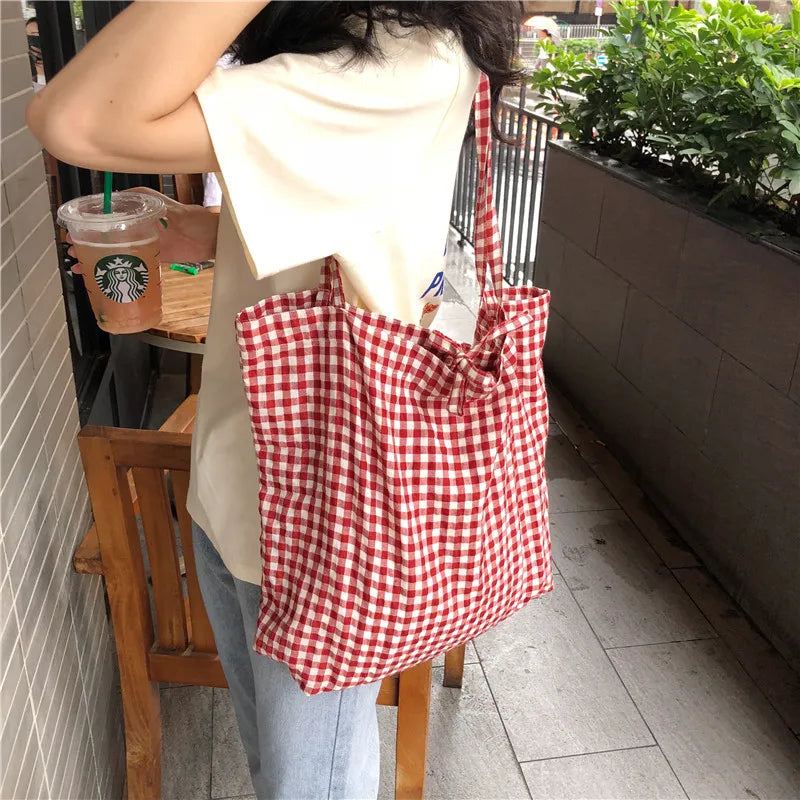 Fashion Women's Canvas Tote Shoulder Large Shopping Bag Plaid Eco Large Capacity Ladies Purse Pouch Girls Student Book Handbags
