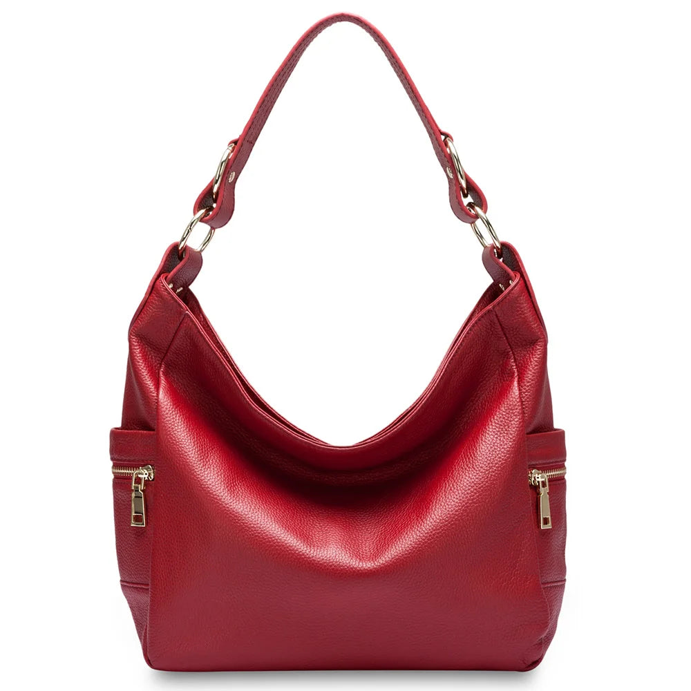 Zency Elegant 100% Genuine Leather Women Hobo Handbag Shoulder Bag Large Capacity Lady Zipper Red Purse Quality Black Mor Pocket