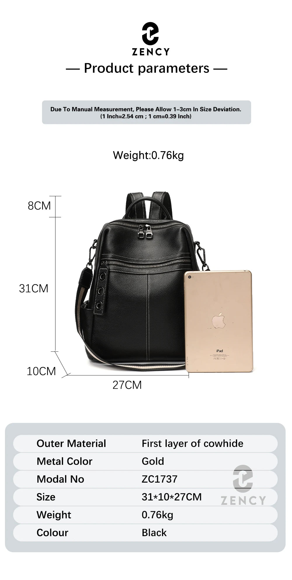 Zency 100% Genuine Leather Backpack For Women's High Quality Black Shoulder Bag Commuter Travel School Satchel Female Shopper