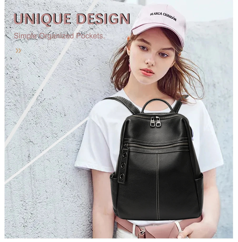 Zency 100% Genuine Leather Backpack For Women's High Quality Black Shoulder Bag Commuter Travel School Satchel Female Shopper